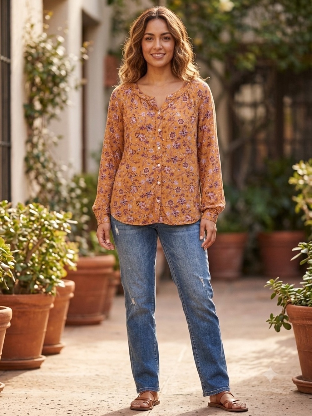 J.JILL Boho Floral Whisper Soft Button Up Top Blouse Rust Orange Purple Size Md